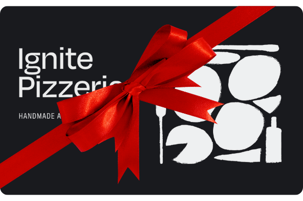 Ignite Pizzeria gift card wrapped with a vibrant red ribbon, symbolizing the perfect gift for food lovers.